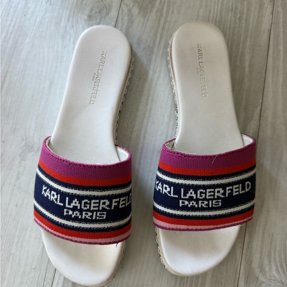 Karl Lagerfeld Women's Striped Slide Sandals - Pink and Black
